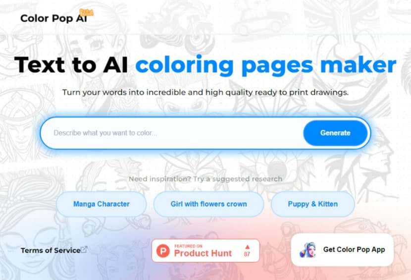 Color Pop AI 用文字描述讓 AI 產生著色圖紙 Color Pop AI 用文字描述讓 AI 產生著色圖紙