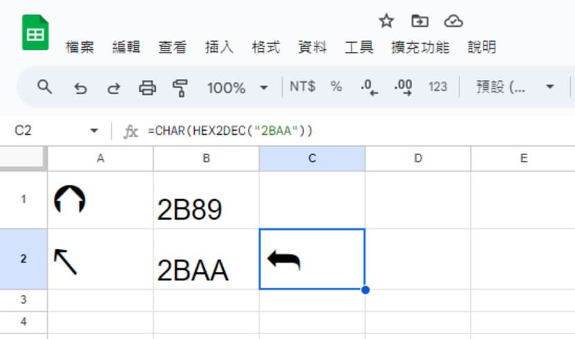 「Google 試算表」如何將 Unicode 代碼轉成符號或用符號反向查詢 Unicode 代碼 「Google 試算表」如何將 Unicode 代碼轉成符號或用符號反向查詢 Unicode 代碼