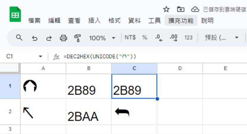 「Google 試算表」如何將 Unicode 代碼轉成符號或用符號反向查詢 Unicode 代碼 「Google 試算表」如何將 Unicode 代碼轉成符號或用符號反向查詢 Unicode 代碼