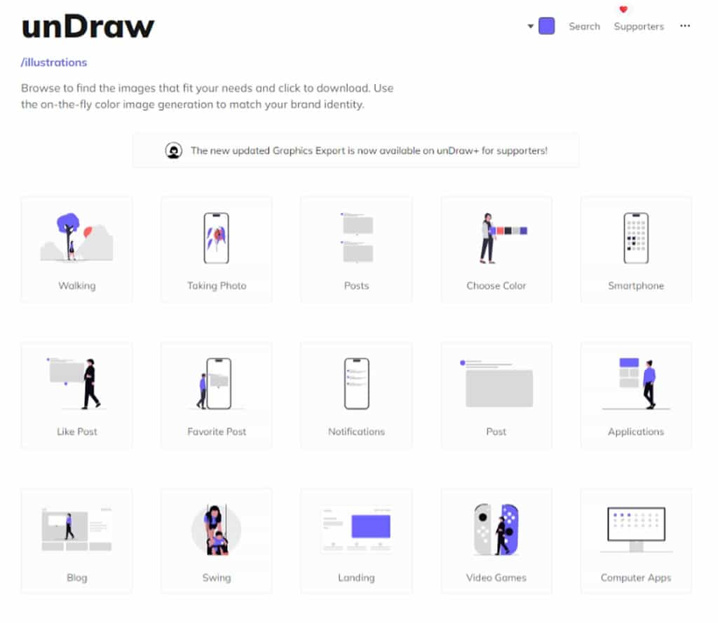 免費插圖素材：unDraw 提供可自訂色彩的扁平化插圖，適合個人與商業設計