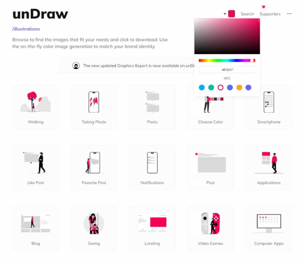 免費插圖素材：unDraw 提供可自訂色彩的扁平化插圖，適合個人與商業設計