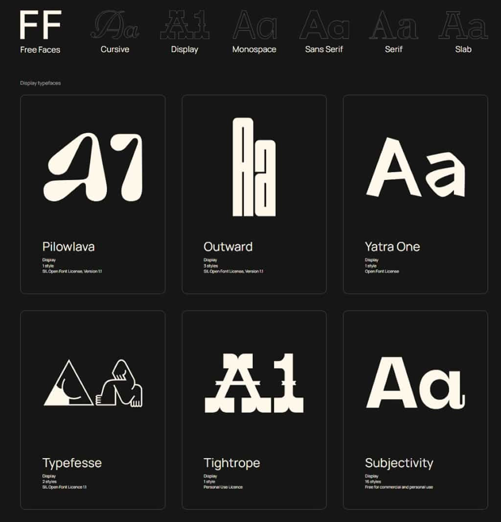 精選免費英文字型庫：Free Faces 提供 Cursive、Display、Monospace 等約 80 款字型
