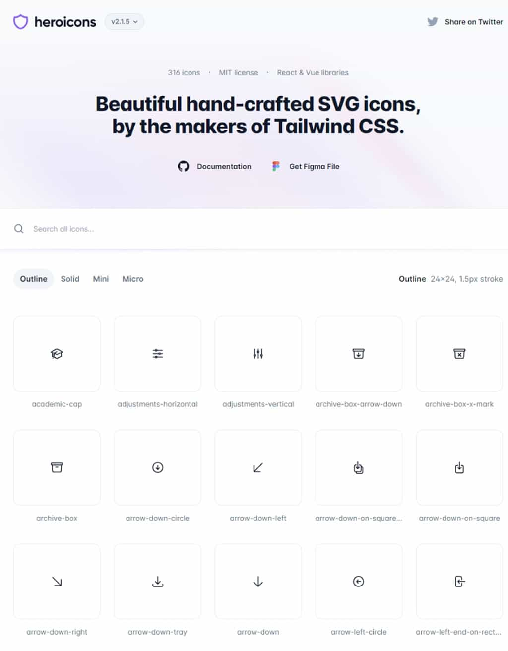 Heroicons：由 Tailwind CSS 出品的免費 SVG 圖示庫，支援 Vue、React 前端框架