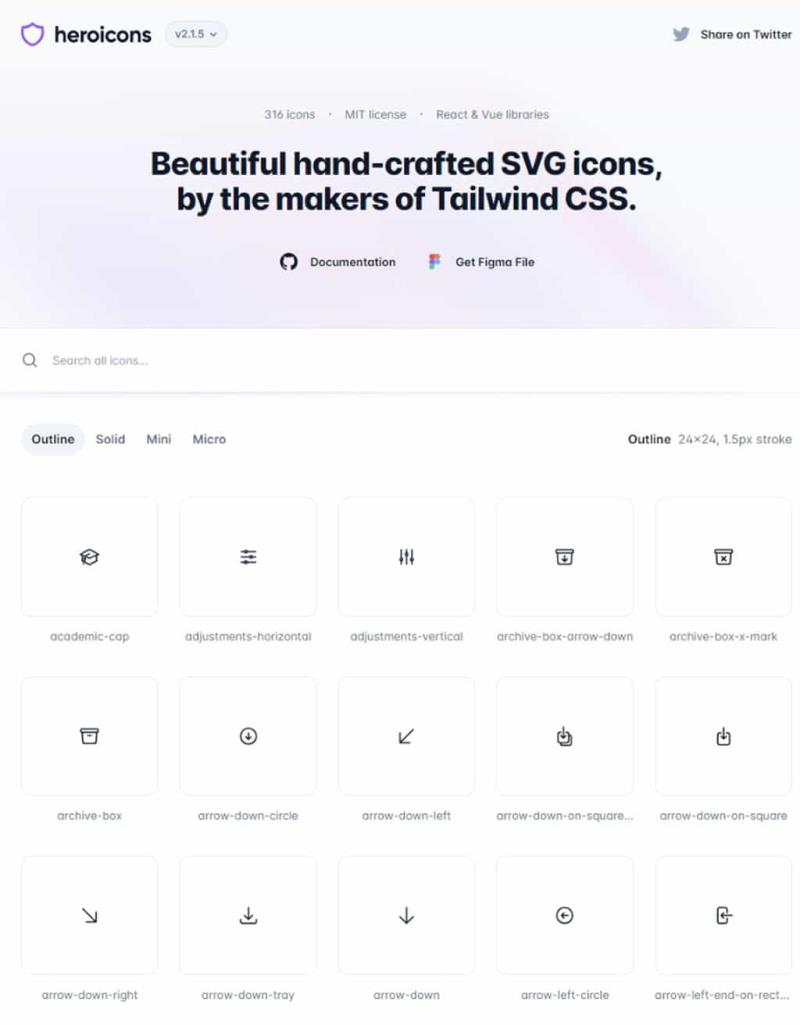 Heroicons：由 Tailwind CSS 出品的免費 SVG 圖示庫，支援 Vue、React 前端框架