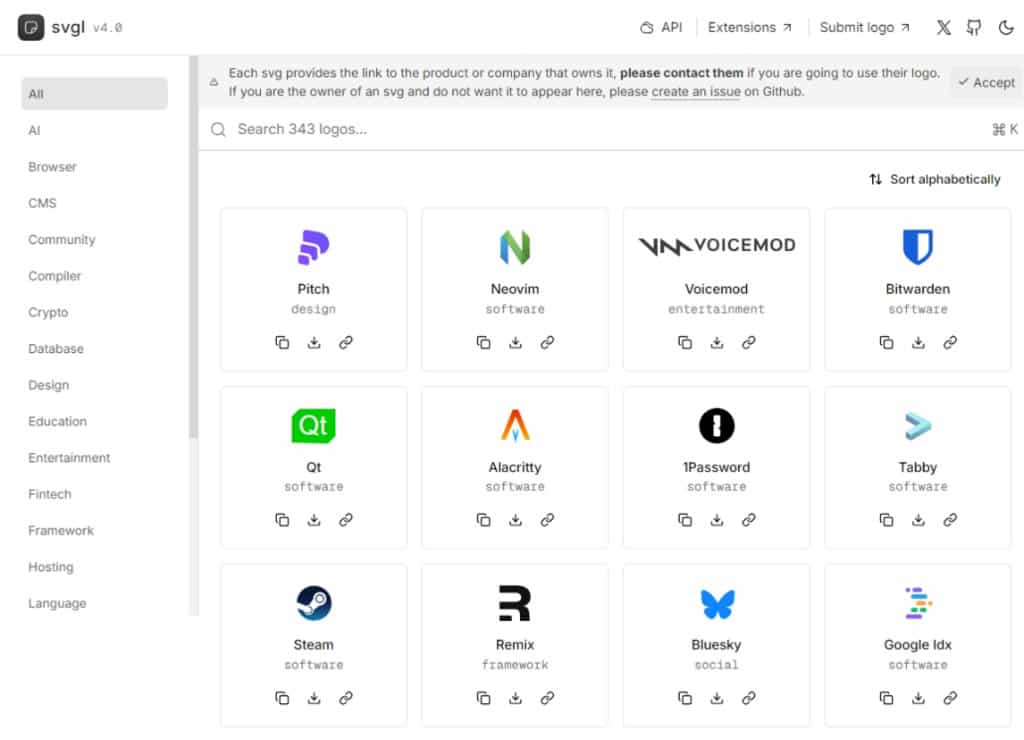 svgl：IT 產品的 SVG 圖示，包括社群、瀏覽器、框架、軟體等，提供免費下載使用