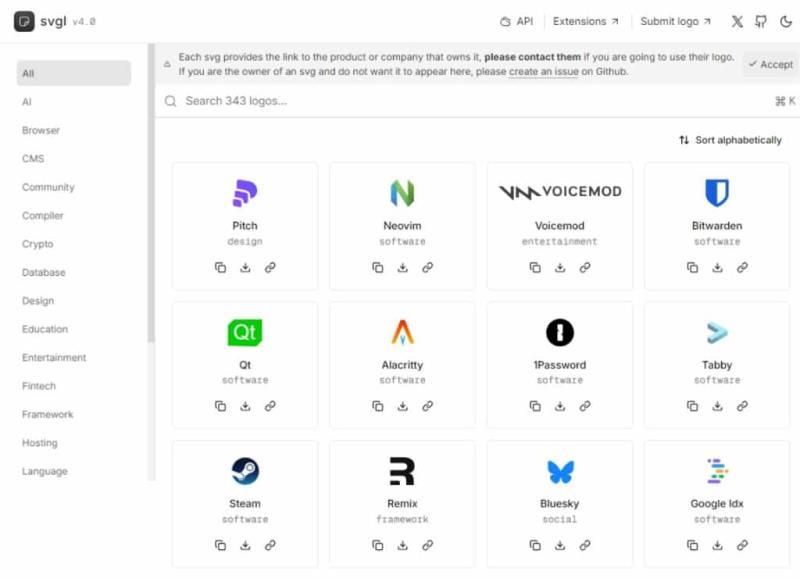 svgl：IT 產品的 SVG 圖示，包括社群、瀏覽器、框架、軟體等，提供免費下載使用