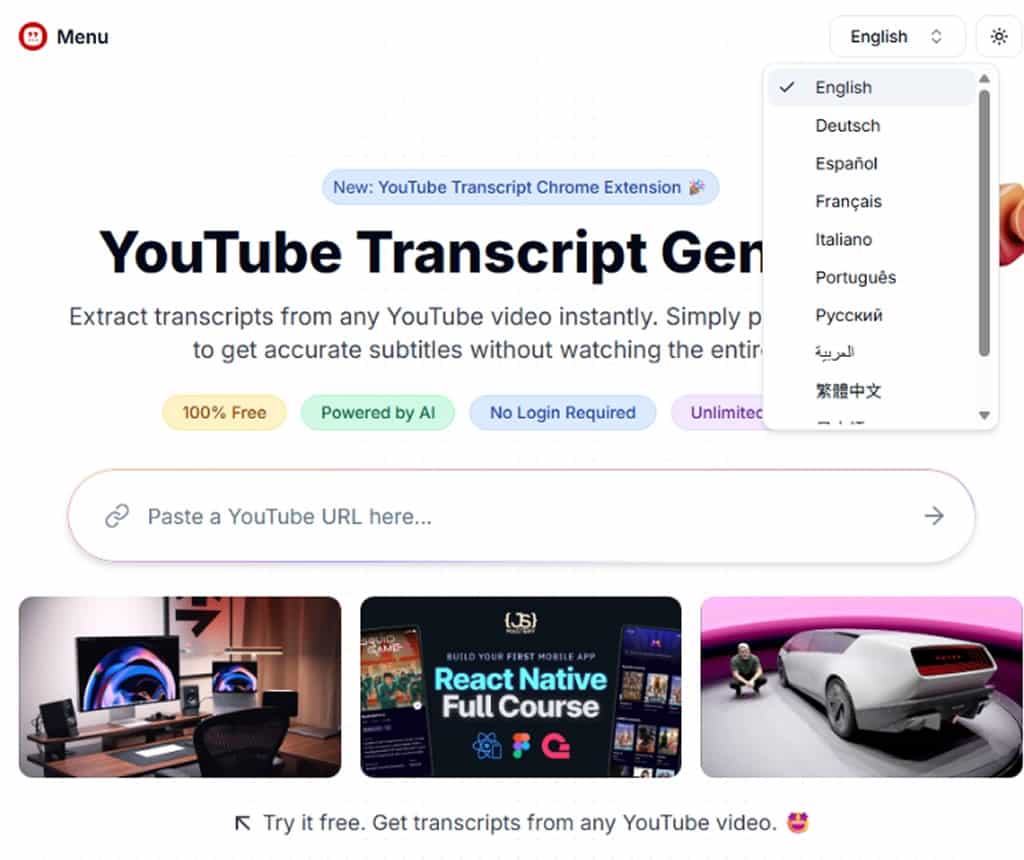 YouTube Transcript Generator:快速下載 YouTube 字幕免費工具,AI 生成摘要 YouTube Transcript Generator:快速下載 YouTube 字幕免費工具,AI 生成摘要