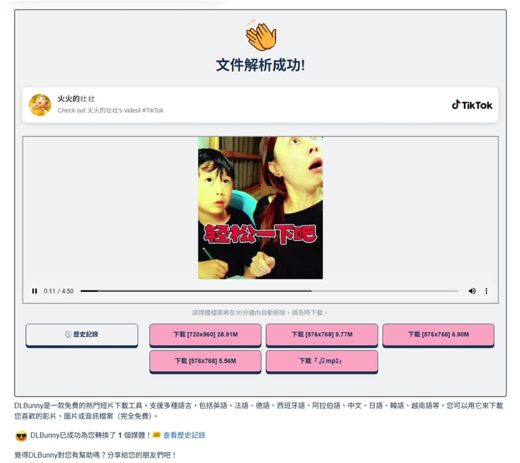 DLBunny 線上影片下載工具，支援 TikTok、YouTube、Instagram 影片與音訊下載