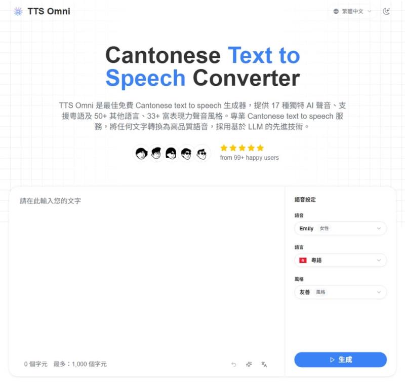 TTS Omni 免費 AI 語音合成工具！17種真人聲線，支援 50+語言包含中文方言