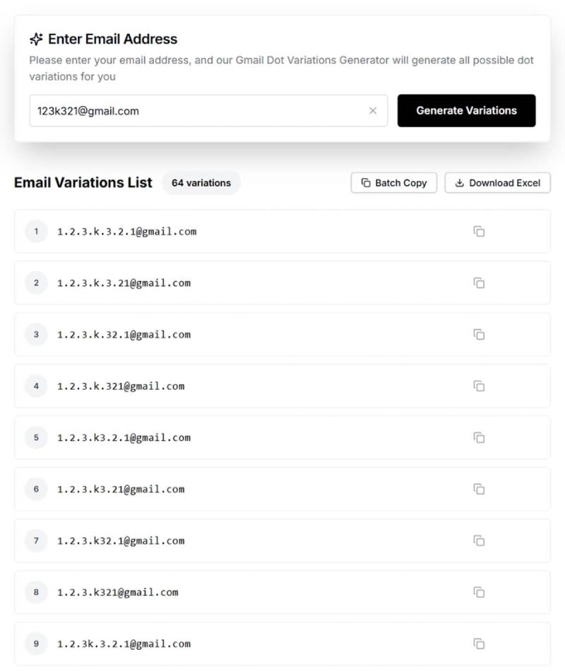 Email Variations 免費 Gmail 信箱點號別名產生器，輕鬆創造無限個信箱別名