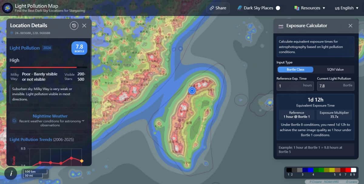 Light Pollution Map：全球光害地圖！找尋最佳觀星拍攝地點的必備工具