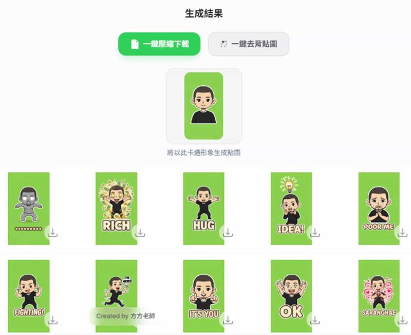 一次可生成 40 張的「AI 貼圖生成小工具」，任選卡通、真人、動物三種圖像風格