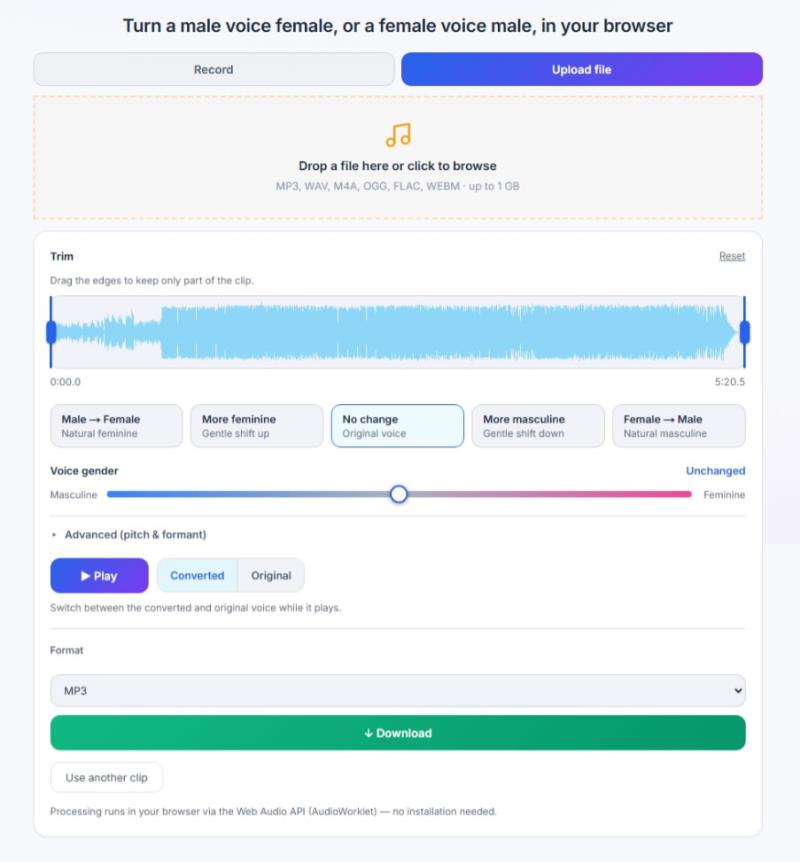 Tembrica Voice Gender Changer 線上男聲變女聲免費工具：用「聲碼器」技術保留你的語氣不變調