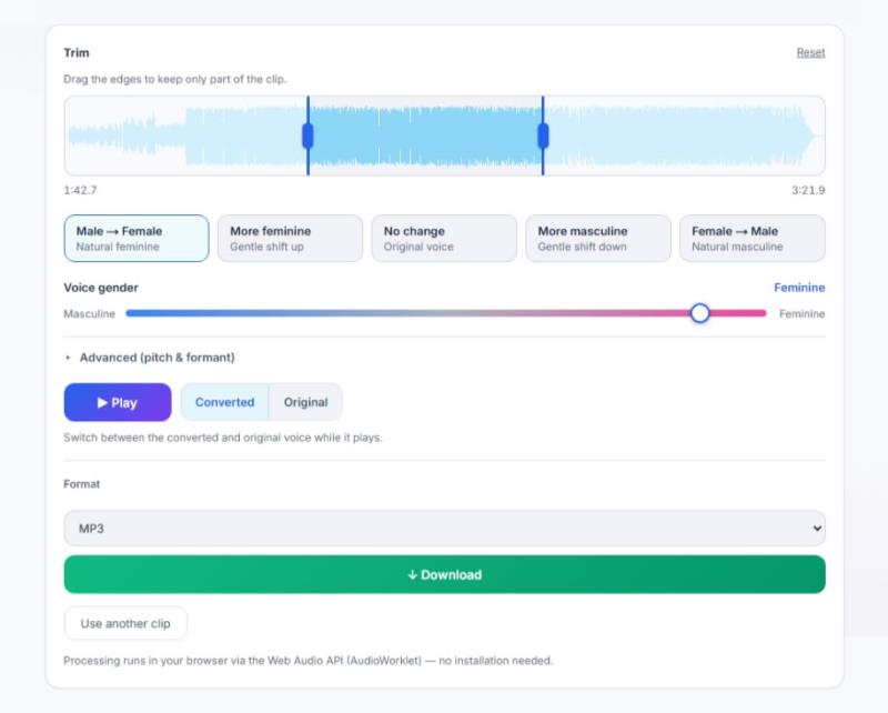 Tembrica Voice Gender Changer 線上男聲變女聲免費工具：用「聲碼器」技術保留你的語氣不變調