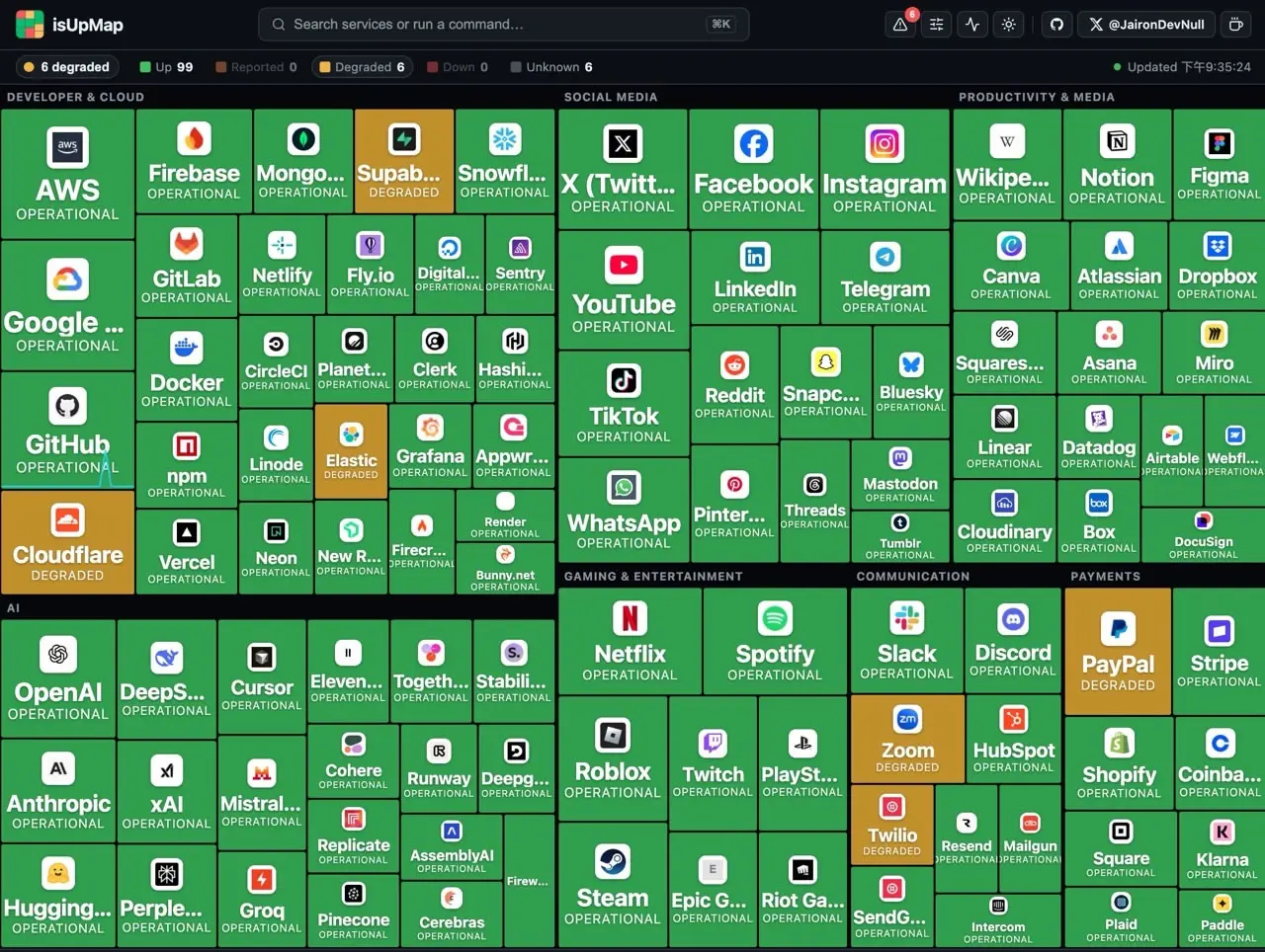 isUpMap 即時熱力圖：秒知 GitHub、FB、IG 等 80多個網路服務的健康狀態
