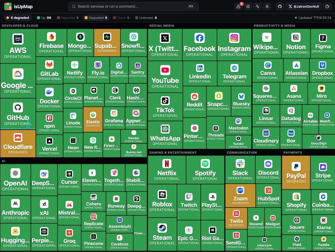 isUpMap 即時熱力圖：秒知 GitHub、FB、IG 等 80多個網路服務的健康狀態